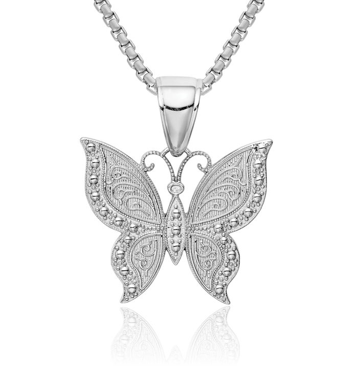 10K Solid White Gold Butterfly Wings Necklace Chain Pendant Charm