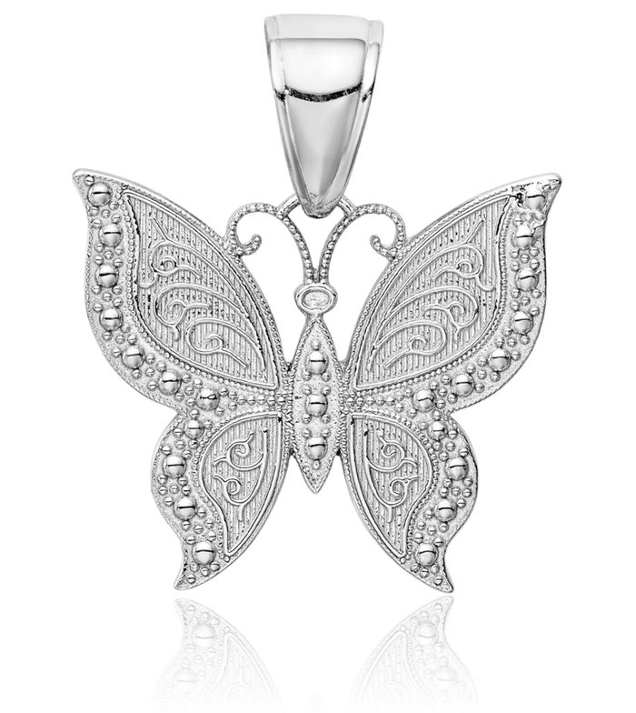 10K Solid White Gold Butterfly Wings Necklace Chain Pendant Charm