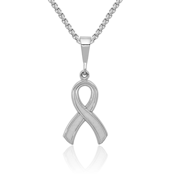 10K Solid White Gold Cancer Awareness Ribbon Necklace Chain Pendant Charm