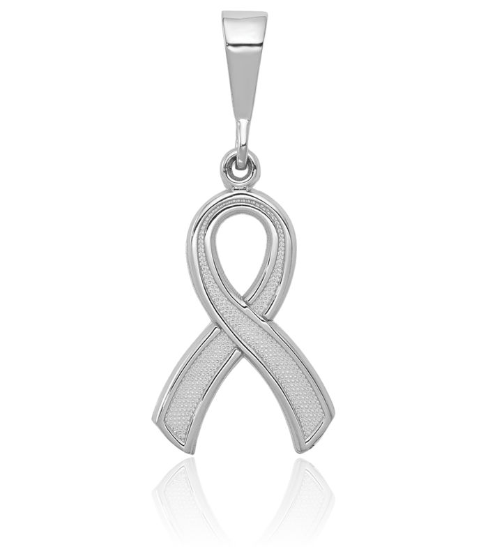 10K Solid White Gold Cancer Awareness Ribbon Necklace Chain Pendant Charm