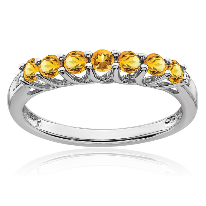 10K Solid White Gold Yellow Orange Citrine Diamond 7 Stone Ring Gemstone Band November Birthstone Jewelry