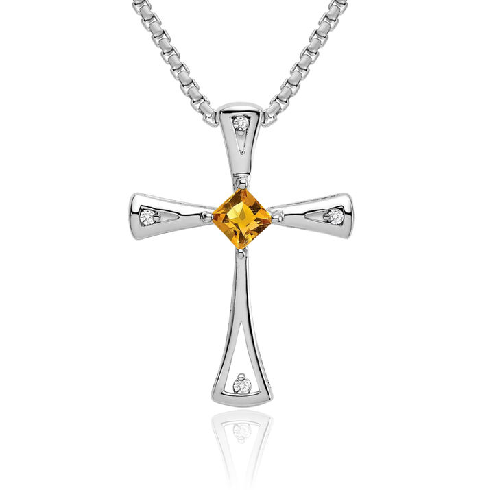 10K Solid White Gold Yellow Orange Citrine Diamond Holy Cross Necklace Charm Gemstone Pendant