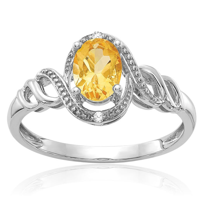 10K Solid White Gold Yellow Orange Citrine Diamond Ring Gemstone Band November Birthstone Jewelry