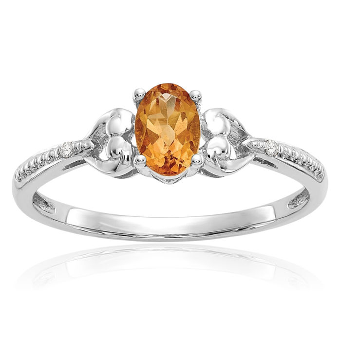 10K Solid White Gold Yellow Orange Citrine Diamond Ring Gemstone Band November Birthstone Jewelry