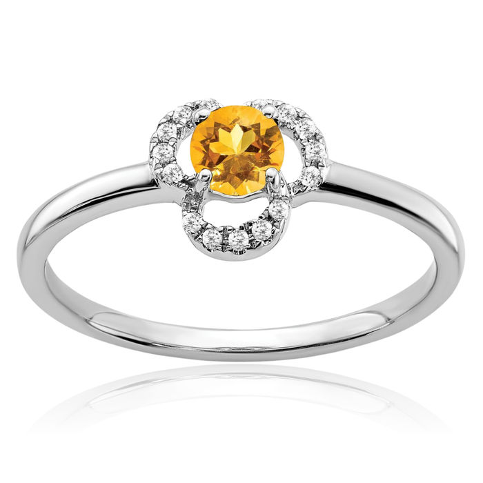 10K Solid White Gold Yellow Orange Citrine Diamond Ring Gemstone Band November Birthstone Jewelry