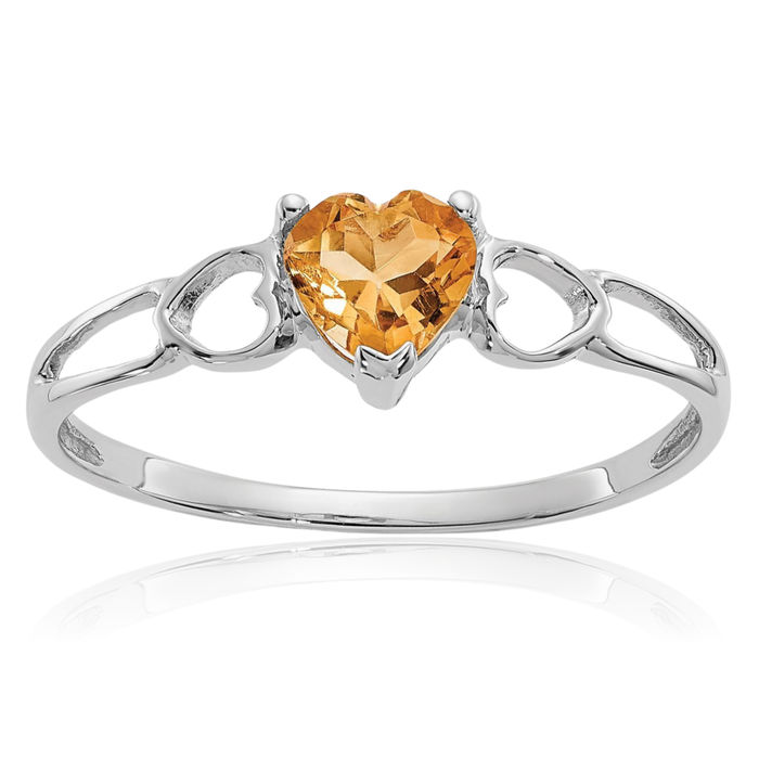 10K Solid White Gold Yellow Orange Citrine Heart Ring Gemstone Love Band November Birthstone Jewelry