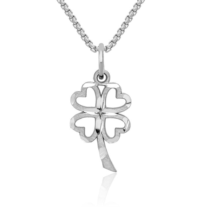 10K Solid White Gold 4 Leaf Lucky Clover Shamrock Flower Necklace Heart Irish Claddagh Celtic Charm Pendant Jewelry