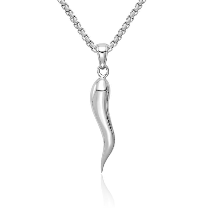 10K Solid White Gold Cornicello Italian Horn Necklace Lucky Protection Amulet Pendant Chilli Pepper Charm