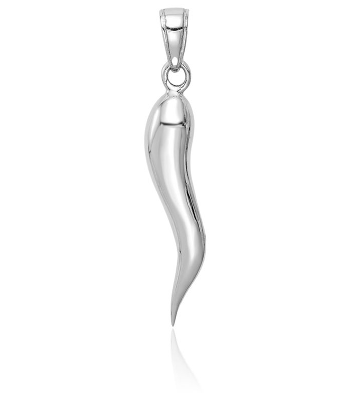 10K Solid White Gold Cornicello Italian Horn Necklace Lucky Protection Amulet Pendant Chilli Pepper Charm