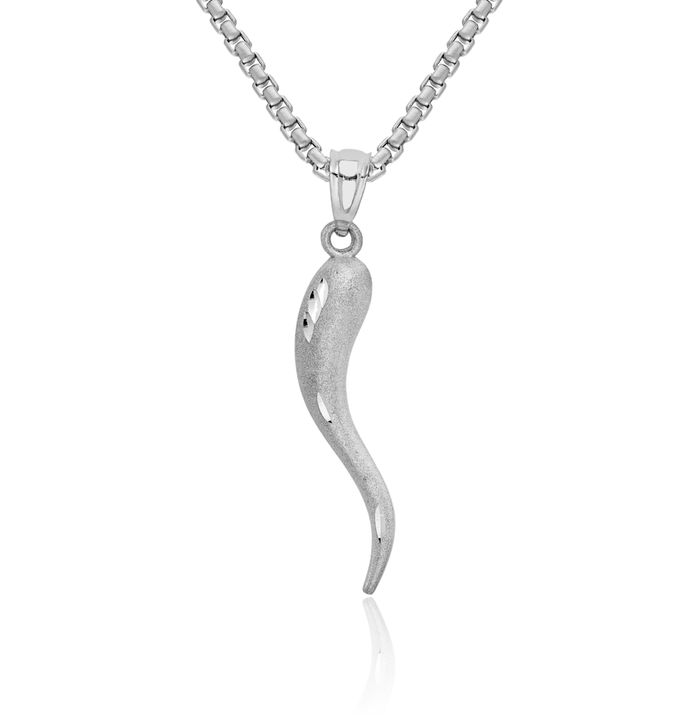 10K Solid White Gold Cornicello Italian Horn Necklace Lucky Protection Amulet Pendant Chilli Pepper Charm