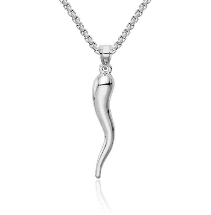 10K Solid White Gold Cornicello Italian Horn Necklace Lucky Protection Amulet Pendant Chilli Pepper Charm