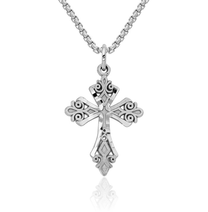 10K Solid White Gold Holy Cross Necklace Religious Chain Pendant Jesus Christ Charm