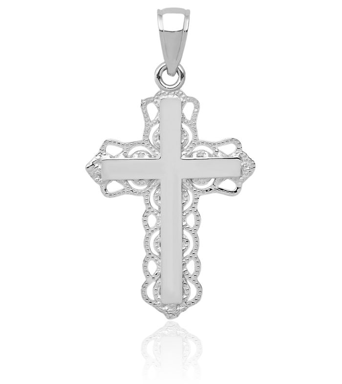 10K Solid White Gold Latin Mexican Holy Cross Necklace Religious Chain Pendant Jesus Christ Charm