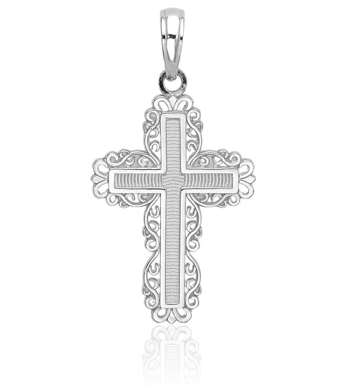 10K Solid White Gold Holy Cross Necklace Religious Chain Pendant Jesus Christ Charm