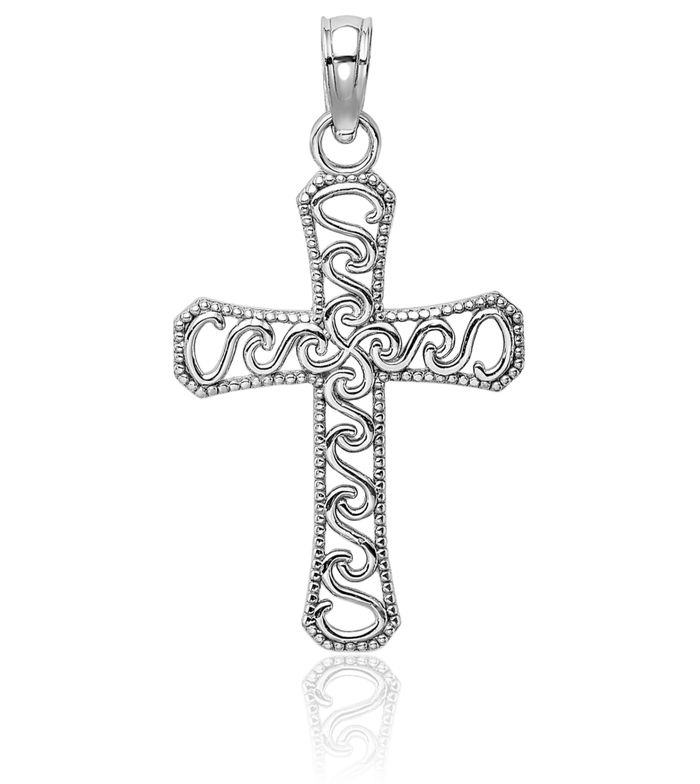 10K Solid White Gold Holy Cross Necklace Religious Chain Pendant Jesus Christ Charm