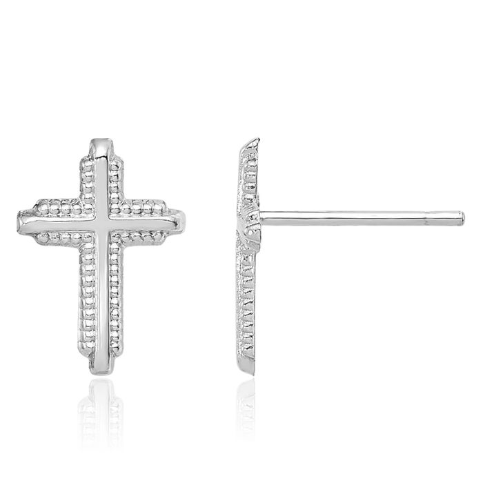 10K Solid White Gold Holy Cross Studs Religious Christian Earrings