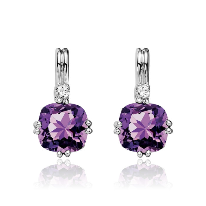 10K Solid White Gold Cushion-Cut Purple Amethyst Diamond Drop Dangle Earrings Gemstone Post Push Back February Birthstone Jewelry