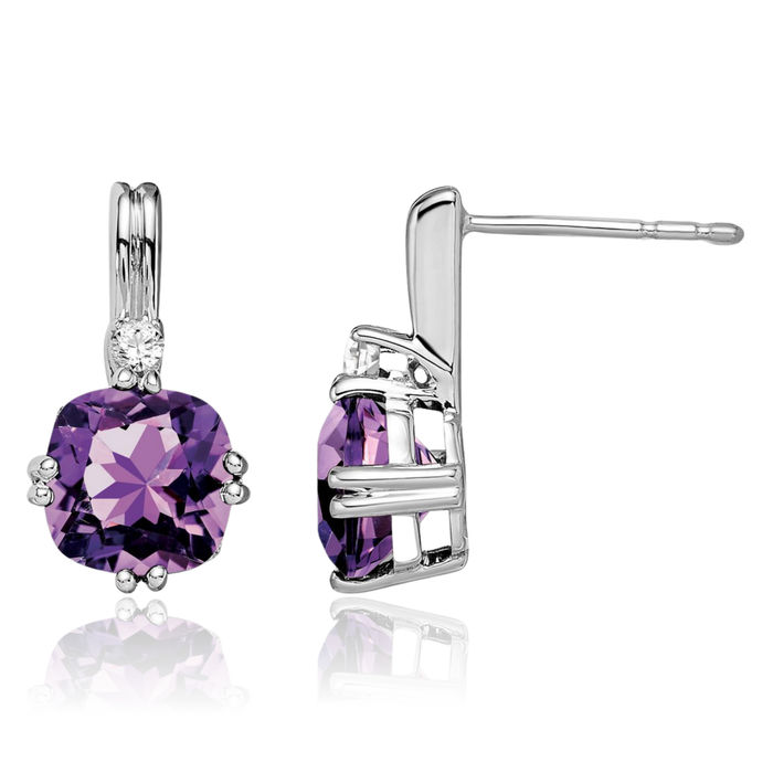 10K Solid White Gold Cushion-Cut Purple Amethyst Diamond Drop Dangle Earrings Gemstone Post Push Back February Birthstone Jewelry