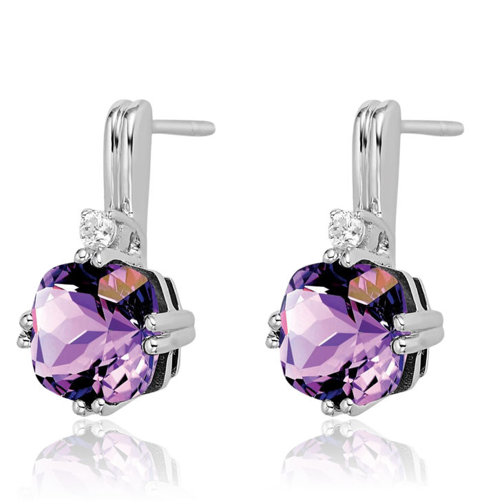 10K Solid White Gold Cushion-Cut Purple Amethyst Diamond Drop Dangle Earrings Gemstone Post Push Back February Birthstone Jewelry