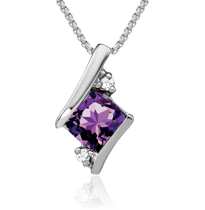 10K Solid White Gold Cushion-Cut Purple Amethyst Diamond Floating Chain Slide Gemstone Pendant Necklace Charm February Birthstone Jewelry