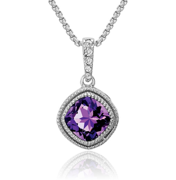 10K Solid White Gold Cushion-Cut Purple Amethyst Diamond Necklace Charm Gemstone Pendant