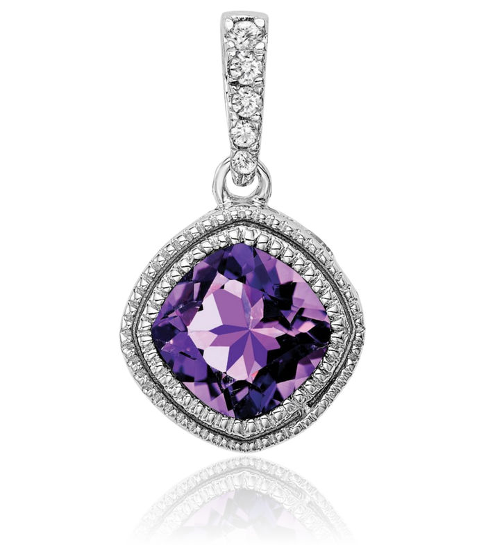 10K Solid White Gold Cushion-Cut Purple Amethyst Diamond Necklace Charm Gemstone Pendant