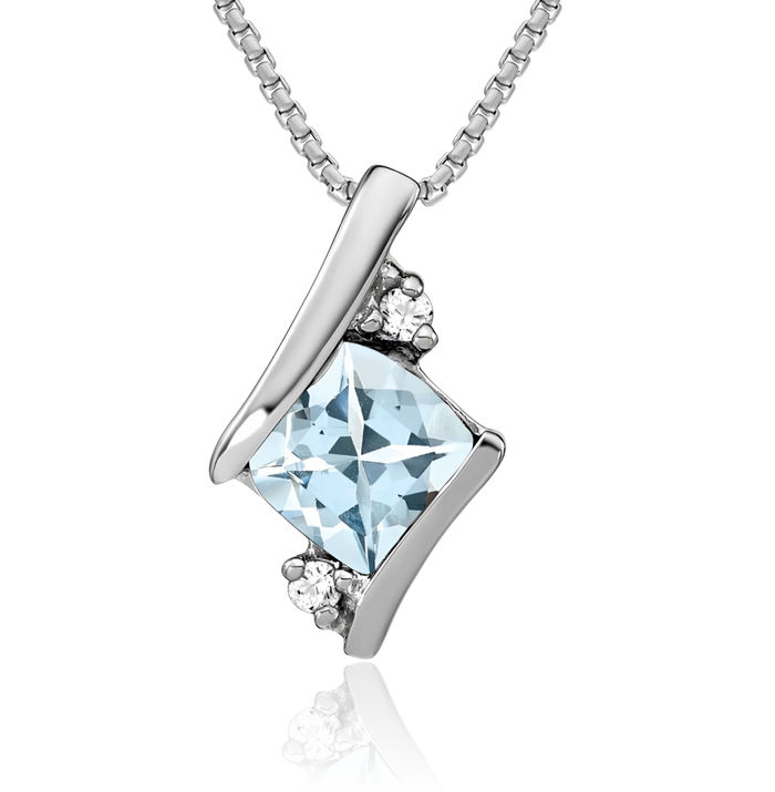 10K Solid White Gold Cushion-Cut Blue Aquamarine Diamond Floating Chain Slide Gemstone Pendant Necklace Charm March Birthstone Jewelry