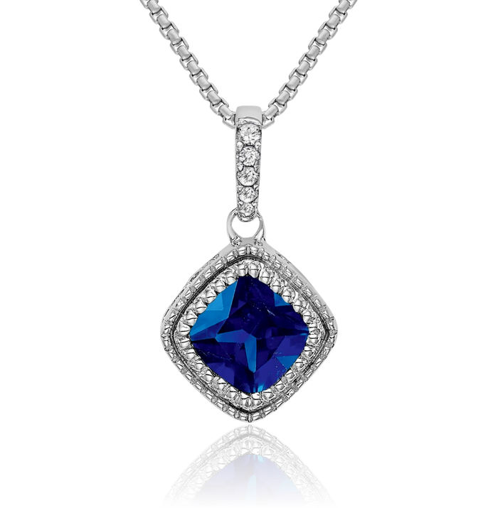 10K Solid White Gold Cushion-Cut Blue Sapphire Diamond Geometric Necklace Charm Gemstone Pendant