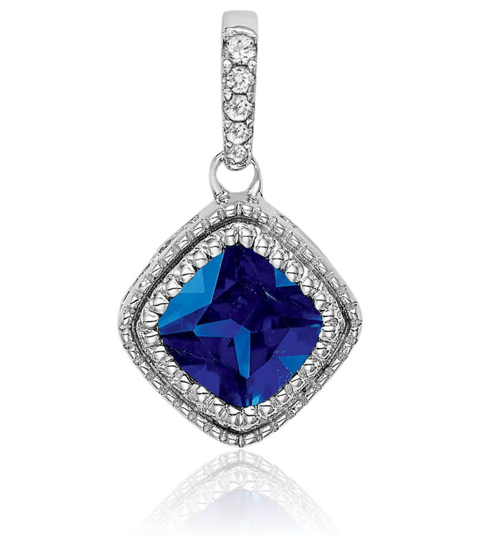 10K Solid White Gold Cushion-Cut Blue Sapphire Diamond Geometric Necklace Charm Gemstone Pendant