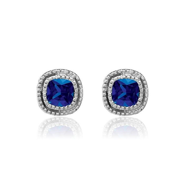 10K Solid White Gold Cushion-Cut Blue Sapphire Diamond Stud Solitaire Earrings September Birthstone Jewelry