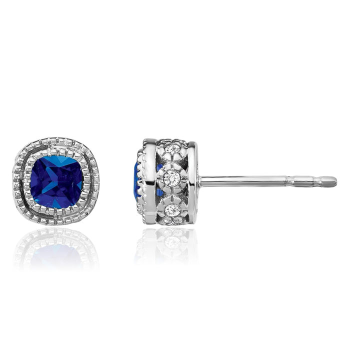 10K Solid White Gold Cushion-Cut Blue Sapphire Diamond Stud Solitaire Earrings September Birthstone Jewelry