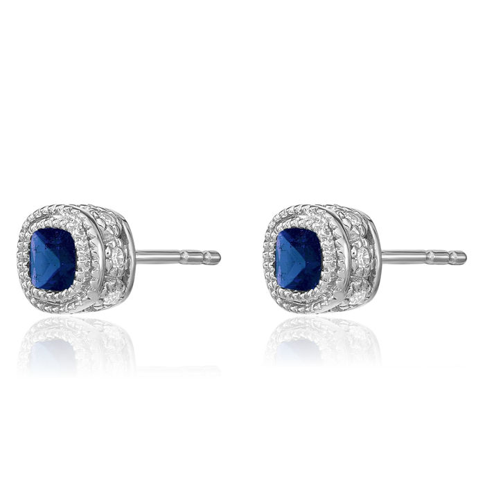 10K Solid White Gold Cushion-Cut Blue Sapphire Diamond Stud Solitaire Earrings September Birthstone Jewelry