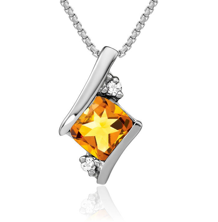 10K Solid White Gold Cushion-Cut Yellow Orange Citrine Diamond Floating Chain Slide Gemstone Pendant Necklace Charm November Birthstone Jewelry