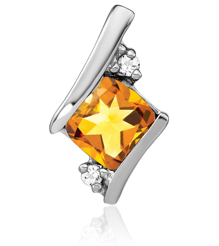 10K Solid White Gold Cushion-Cut Yellow Orange Citrine Diamond Floating Chain Slide Gemstone Pendant Necklace Charm November Birthstone Jewelry