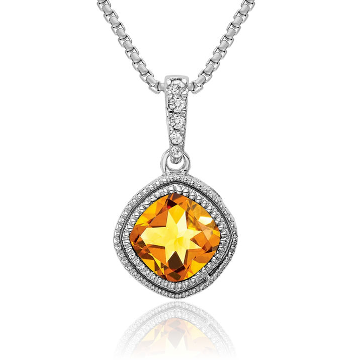 10K Solid White Gold Cushion-Cut Yellow Orange Citrine Diamond Necklace Charm Gemstone Pendant