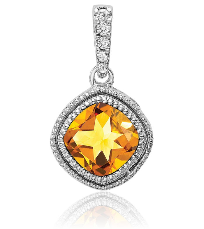 10K Solid White Gold Cushion-Cut Yellow Orange Citrine Diamond Necklace Charm Gemstone Pendant