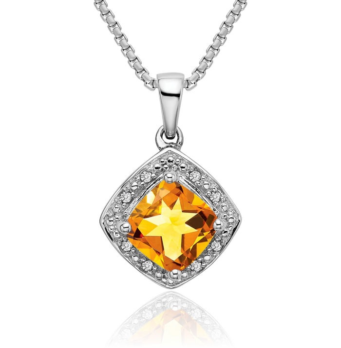 10K Solid White Gold Cushion-Cut Yellow Orange Citrine Diamond Necklace Charm Gemstone Pendant