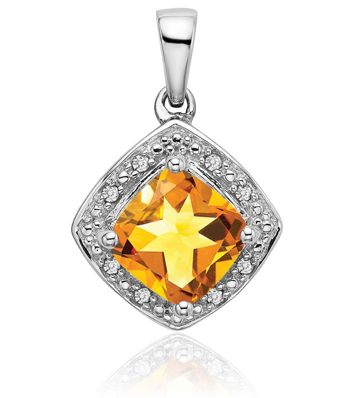 10K Solid White Gold Cushion-Cut Yellow Orange Citrine Diamond Necklace Charm Gemstone Pendant