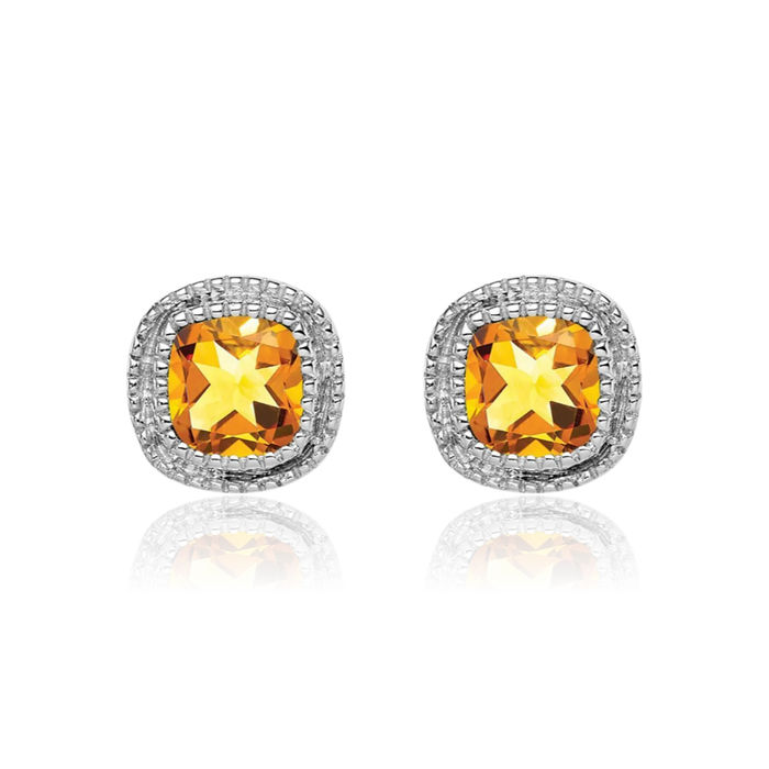 10K Solid White Gold Cushion-Cut Yellow Orange Citrine Diamond Stud Solitaire Earrings November Birthstone Jewelry