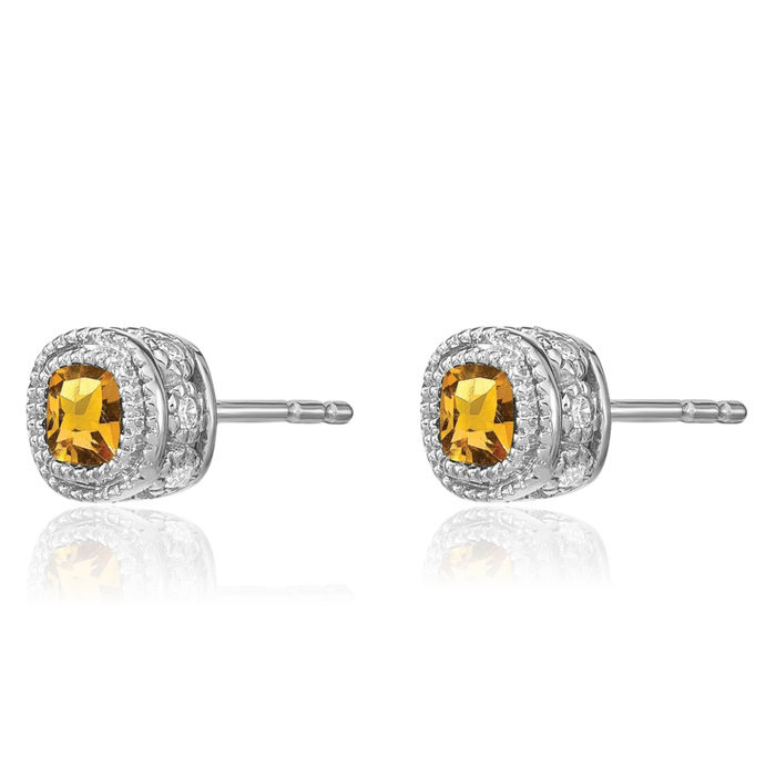 10K Solid White Gold Cushion-Cut Yellow Orange Citrine Diamond Stud Solitaire Earrings November Birthstone Jewelry