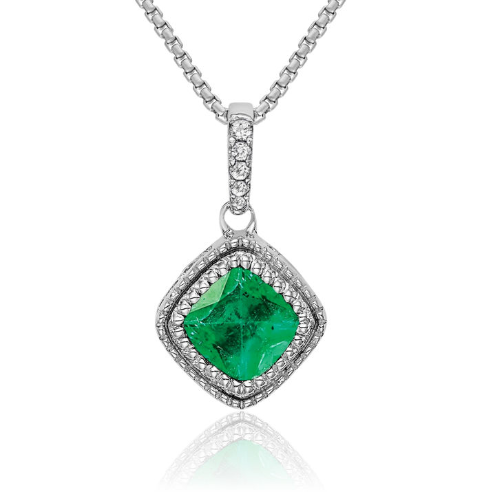 10K Solid White Gold Cushion-Cut Green Emerald Diamond Necklace Charm Gemstone Pendant