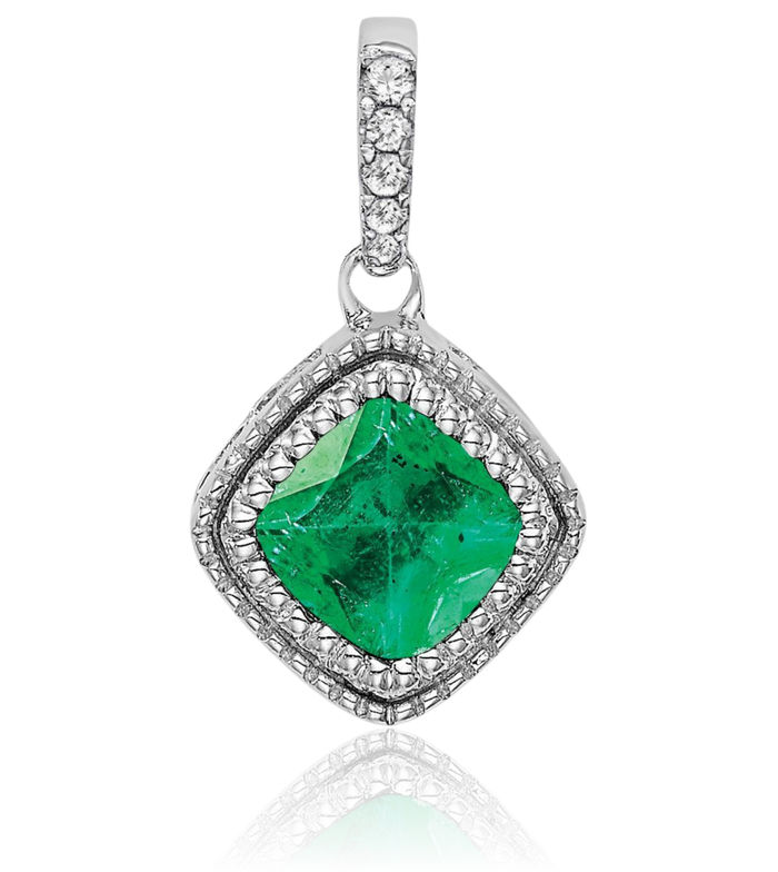 10K Solid White Gold Cushion-Cut Green Emerald Diamond Necklace Charm Gemstone Pendant