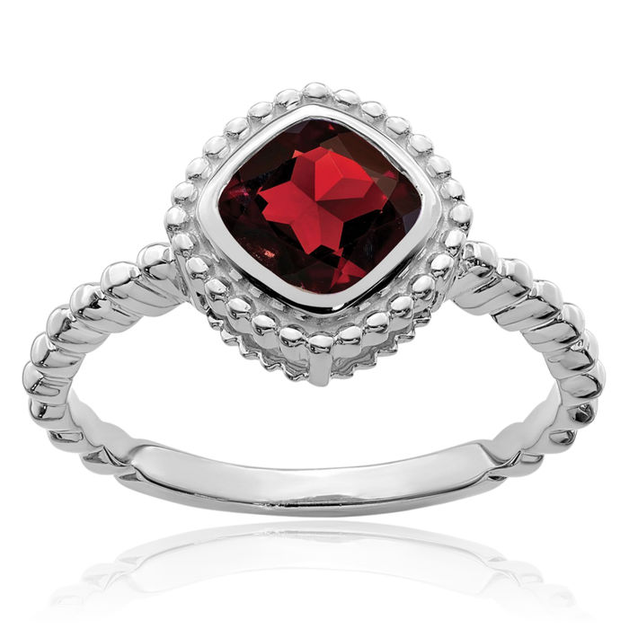 10K Solid White Gold Cushion-Cut Red Garnet Ring Gemstone Band