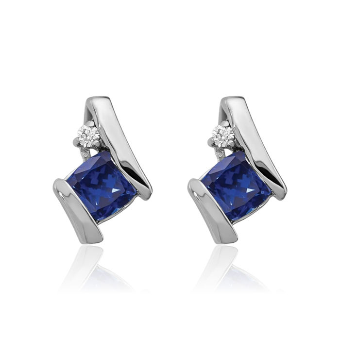 10K Solid White Gold Cushion-Cut Lab Blue Sapphire Diamond Stud Earrings September Birthstone Jewelry