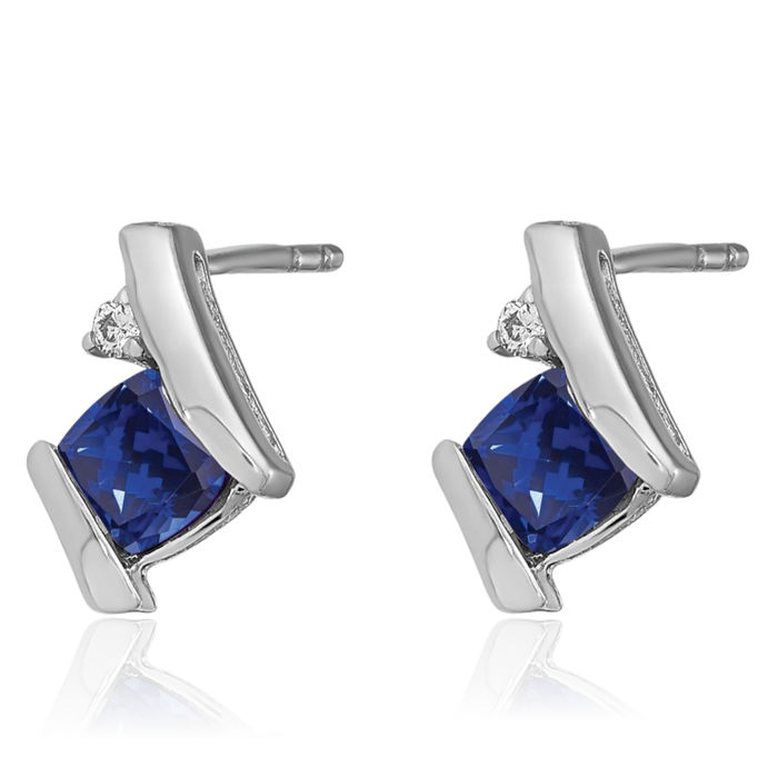 10K Solid White Gold Cushion-Cut Lab Blue Sapphire Diamond Stud Earrings September Birthstone Jewelry