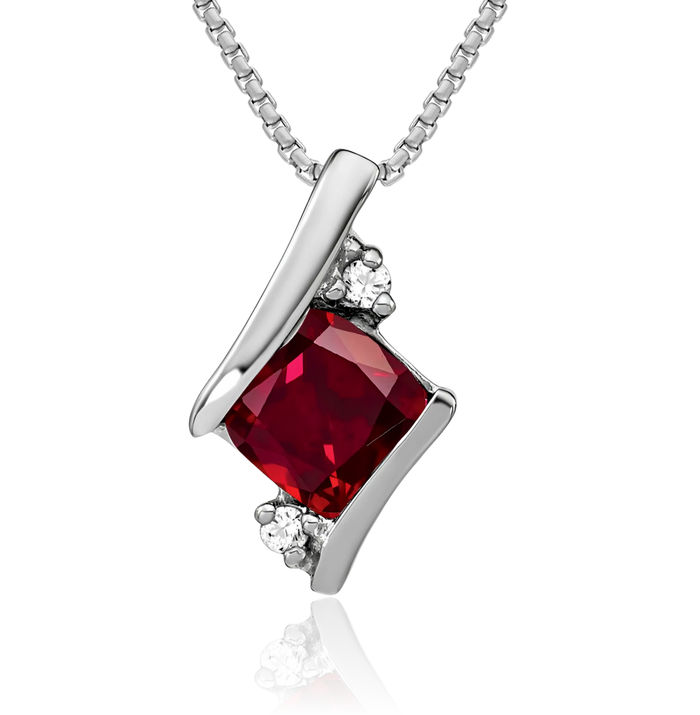 10K Solid White Gold Cushion-Cut Lab Red Ruby Diamond Floating Chain Slide Gemstone Pendant Necklace Charm July Birthstone Jewelry