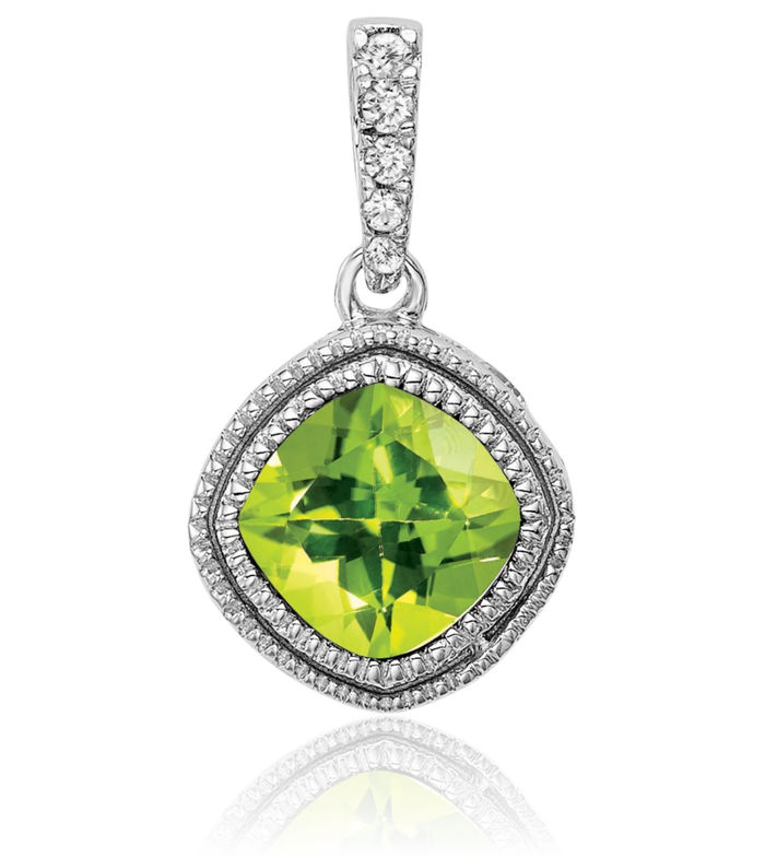 10K Solid White Gold Cushion-Cut Green Peridot Diamond Necklace Charm Gemstone Pendant