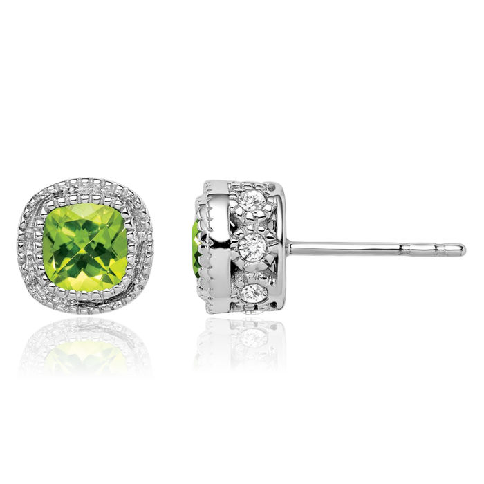 10K Solid White Gold Cushion-Cut Green Peridot Diamond Stud Solitaire Earrings August Birthstone Jewelry