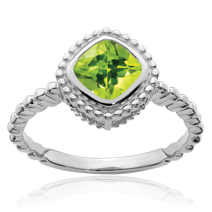 10K Solid White Gold Cushion-Cut Green Peridot Ring Gemstone Band