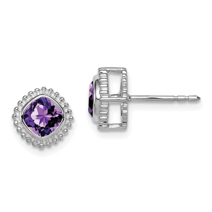 10K Solid White Gold Cushion-Cut Purple Amethyst Stud Earrings February Birthstone Jewelry